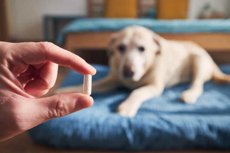 A hand holding a white pill in front of a pale dog resting on a blue bed.