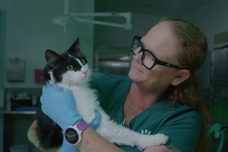 A veterinarian holding a black and white cat against her shoulder in a treatment room.