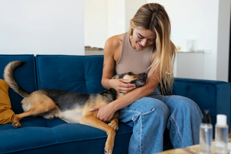 A woman sitting on a blue sofa with a dog stretched out across her lap.