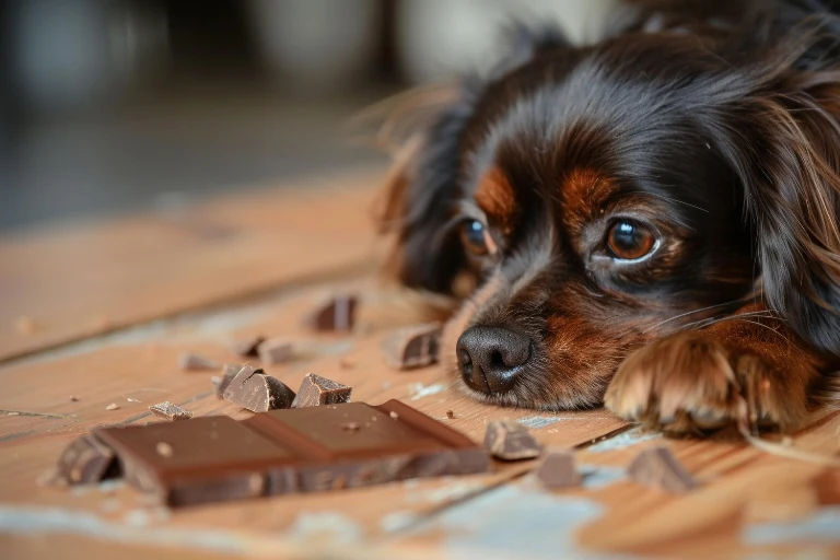 A long-haired brown and black dog lying on a wooden floor beside a broken chocolate bar.
