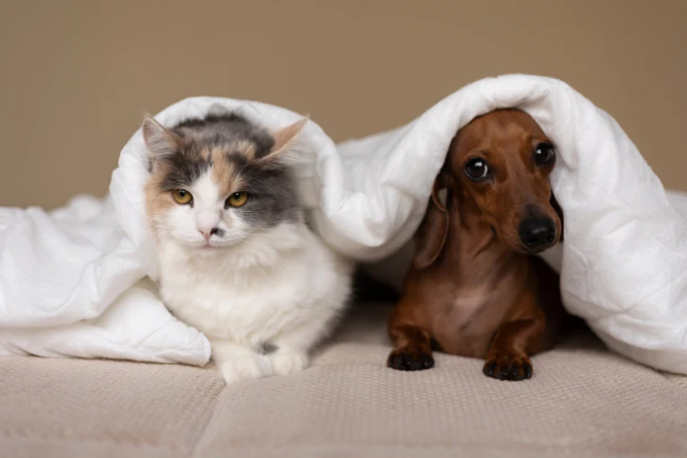 A calico cat and a dachshund lying side by side under a white blanket.