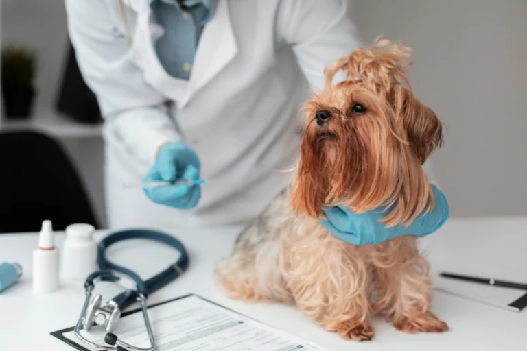 A Yorkshire terrier sitting on an exam table while a veterinarian in a white coat prepares an injection.