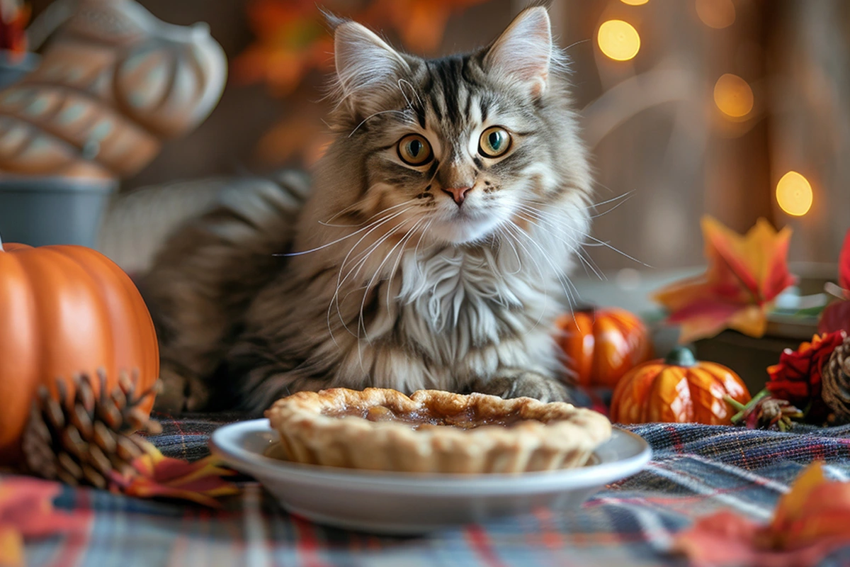 A long-haired tabby cat sitting behind a pumpkin pie on a table set with pumpkins and fall decorations.