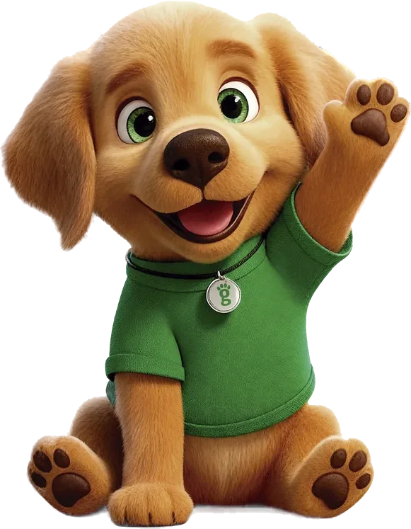Glow, the Greenlight Pet ER golden retriever puppy mascot, sitting and waving in a green Greenlight T-shirt