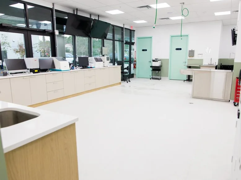 Treatment area with workstations at a Greenlight Pet ER hospital