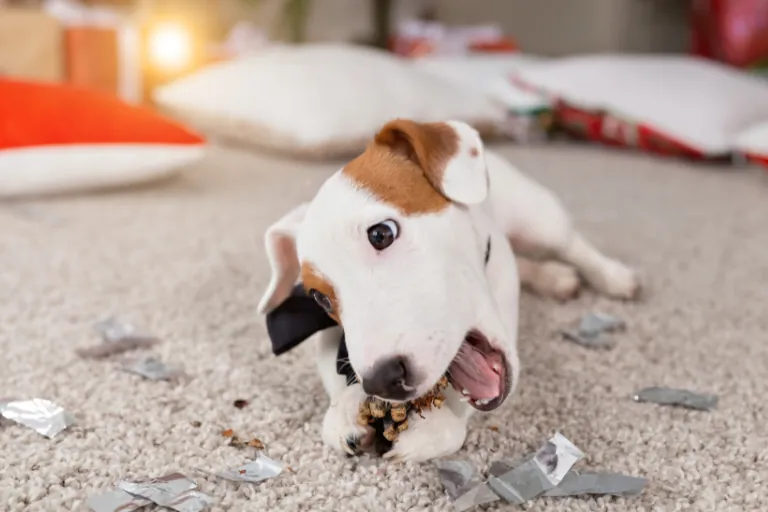 Jack Russell puppy chewing torn wrappers on a carpet